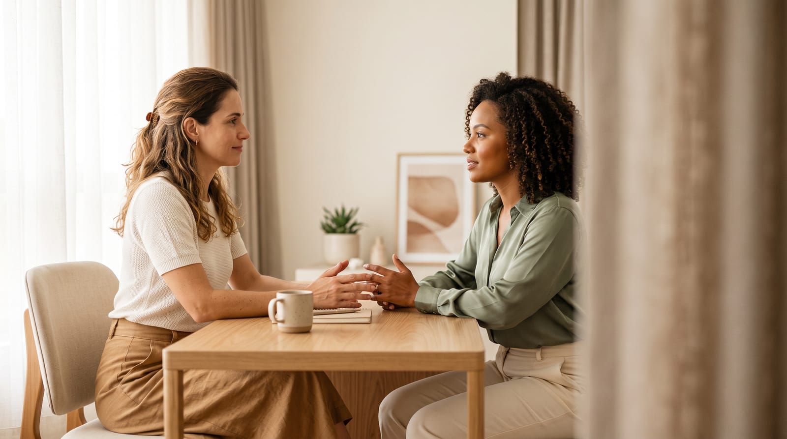 Duas mulheres conversando à mesa, em sala clara