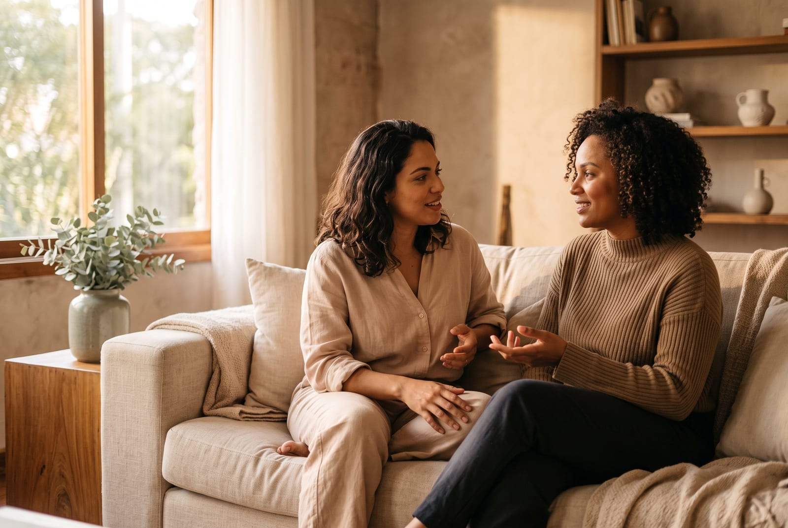 duas mulheres sentadas lado a lado num sofá claro, conversando