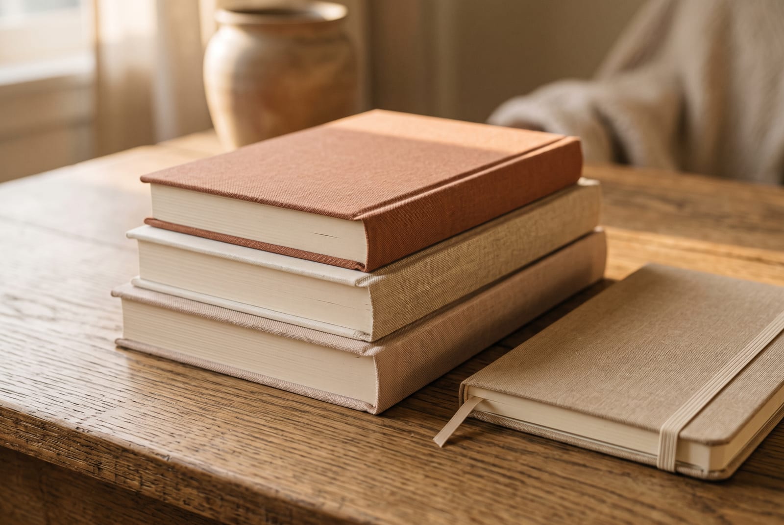 três livros de capa neutra empilhados numa mesa de madeira, com um caderno fechado ao lado