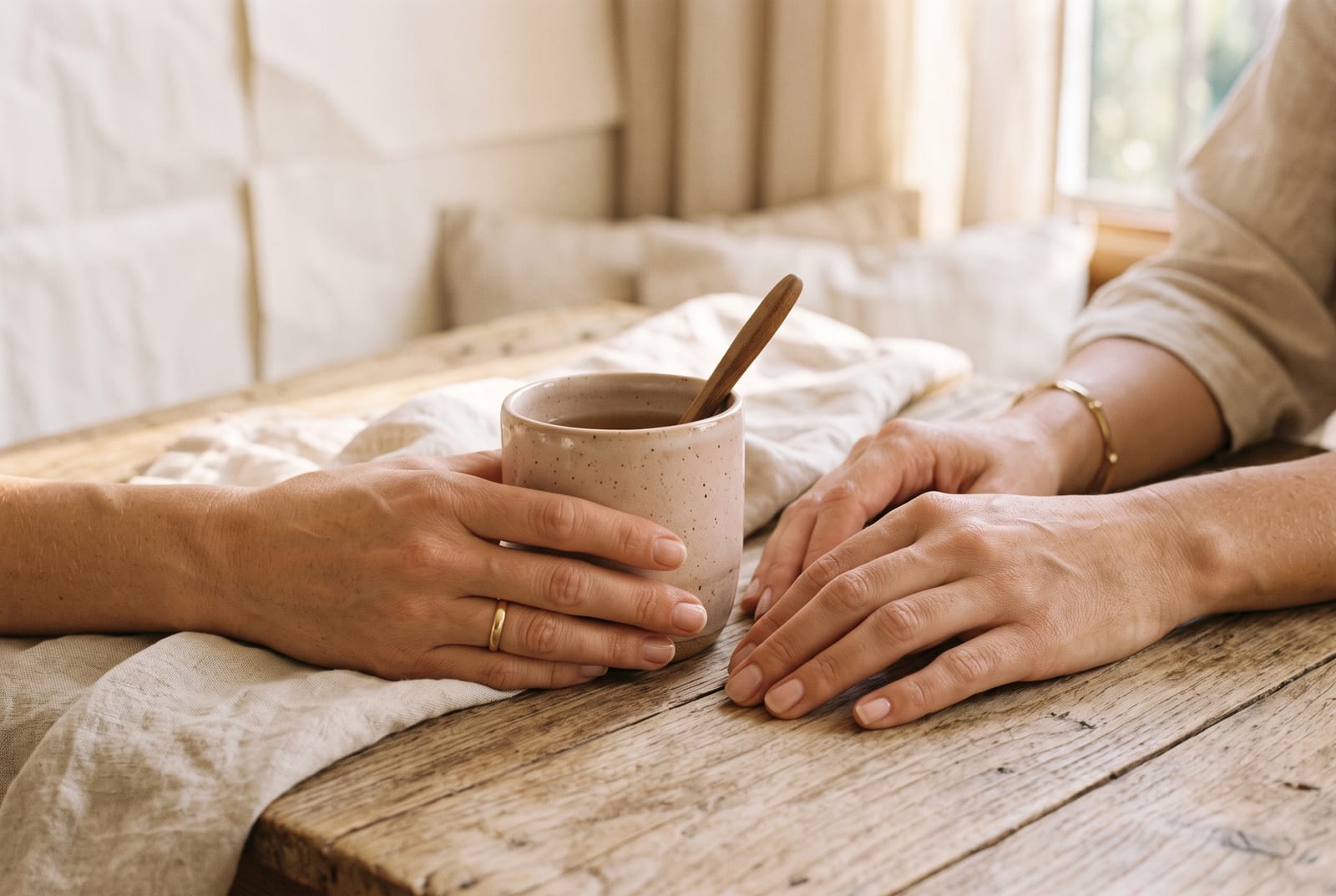 duas mãos adultas em repouso sobre mesa de madeira, uma segurando uma caneca