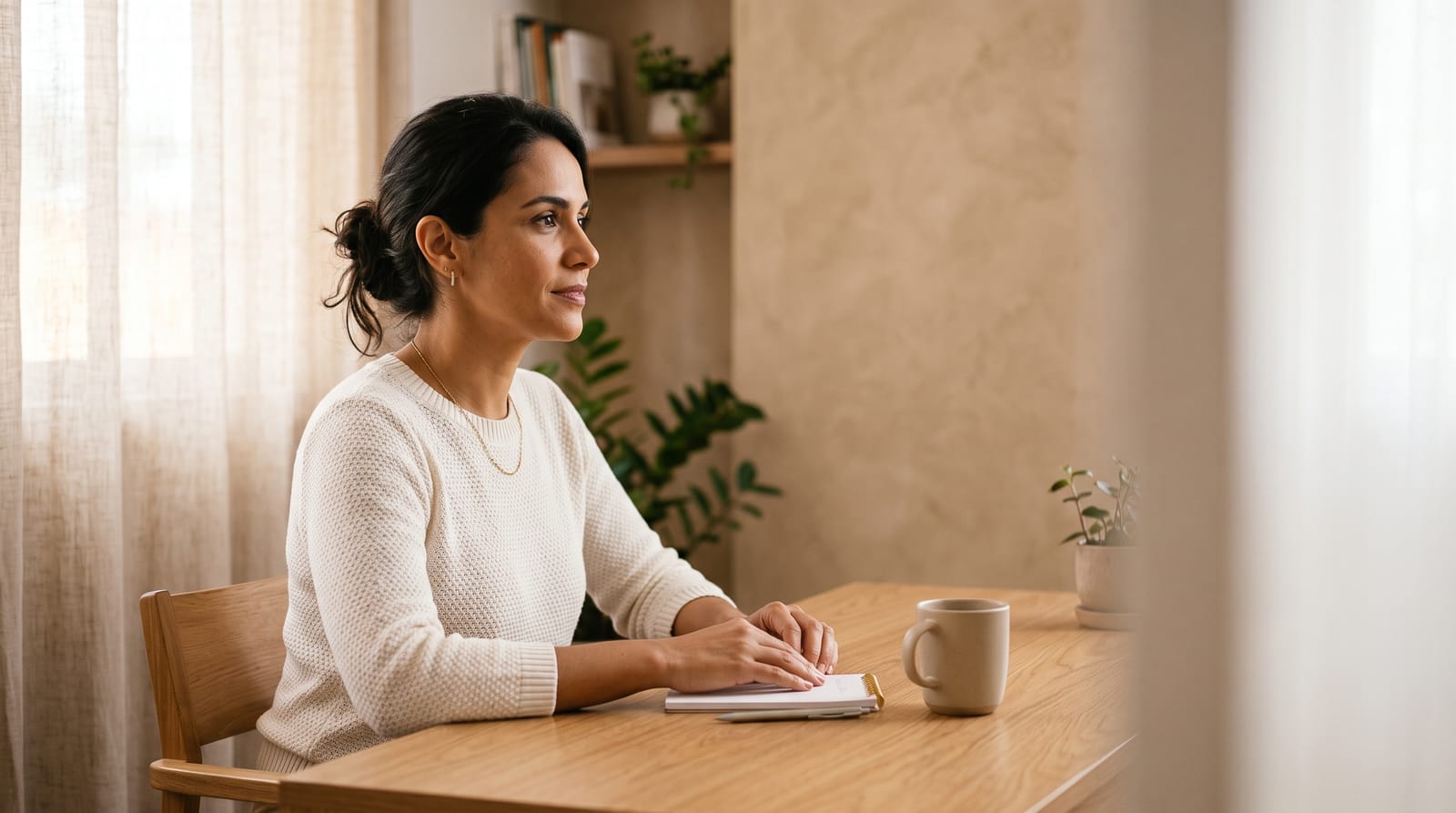 Mulher sentada à mesa, com um caderno aberto e uma caneca ao lado