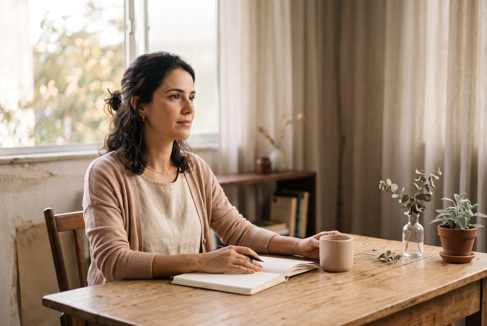 mulher sentada à mesa de madeira, caderno aberto e caneca ao lado, olhando para a janela