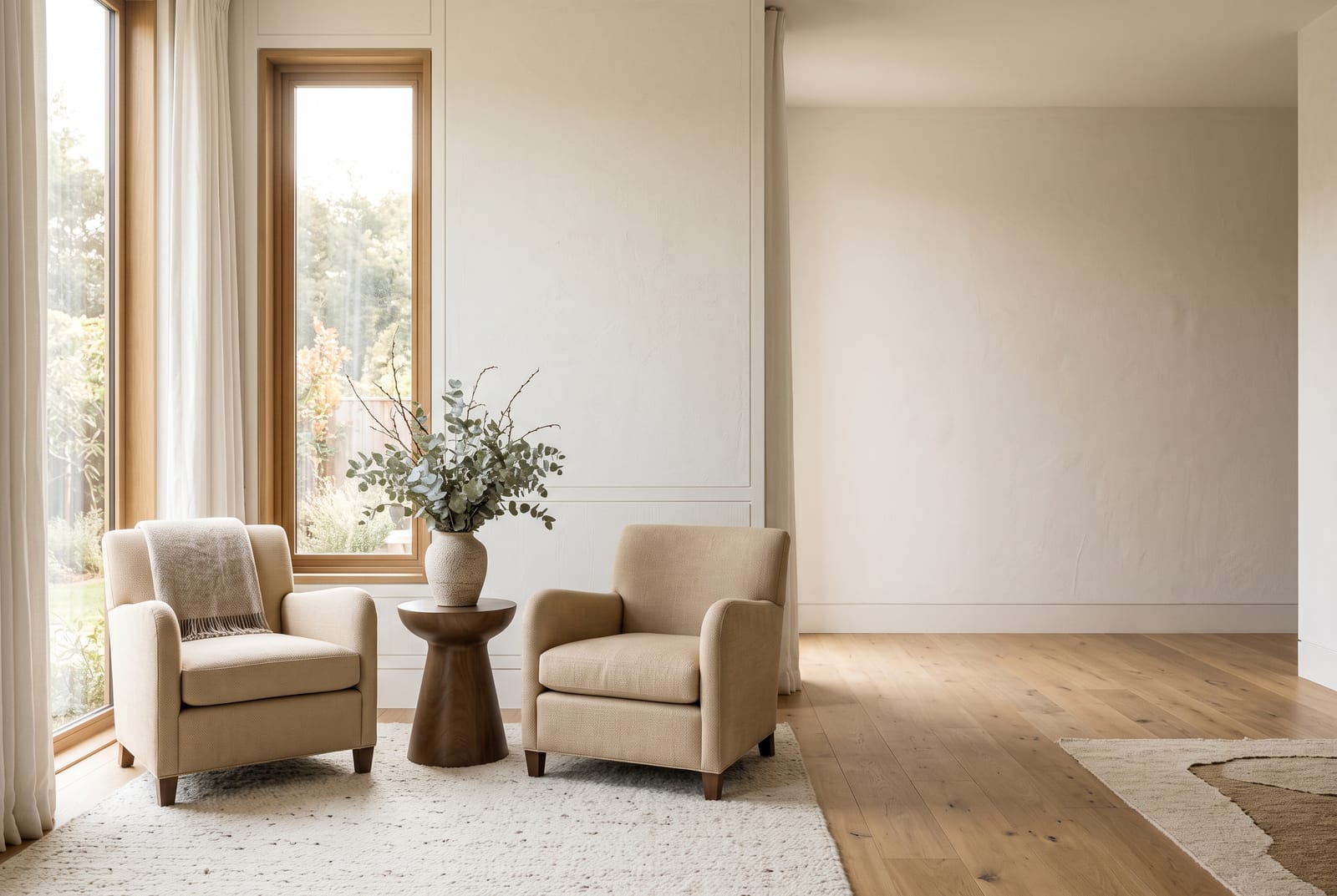 canto de sala clara e vazia, duas poltronas, mesa lateral e um vaso com folhagem